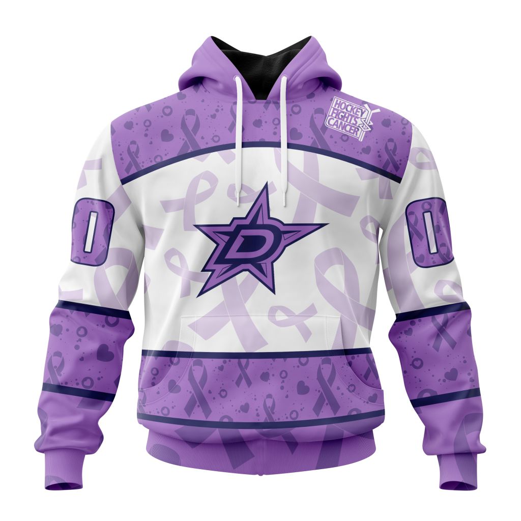 Personalized Nhl Dallas Stars Special Lavender Hockey Fights Cancer Pullover Hoodie