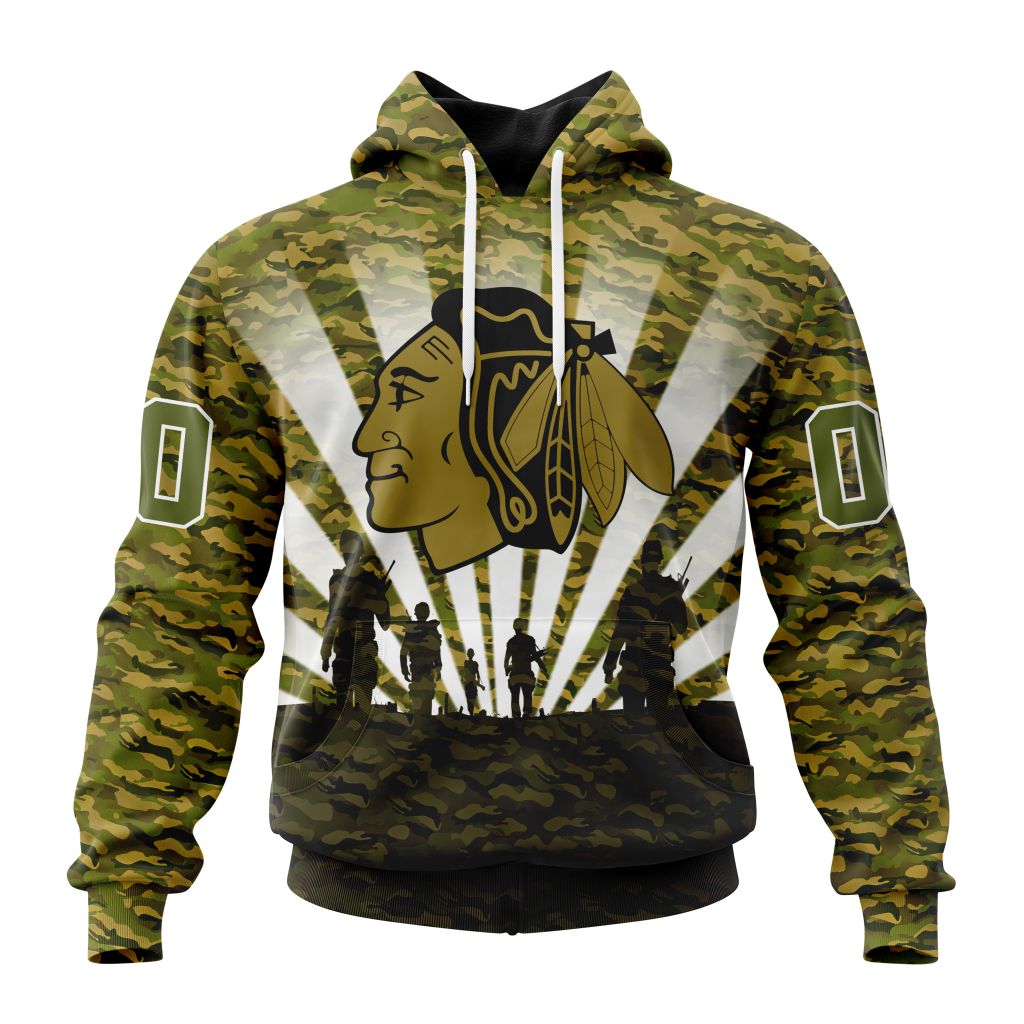 Personalized Nhl Chicago Blackhawks Military Camo Kits For Veterans Day And Rememberance Day Pullover Hoodie