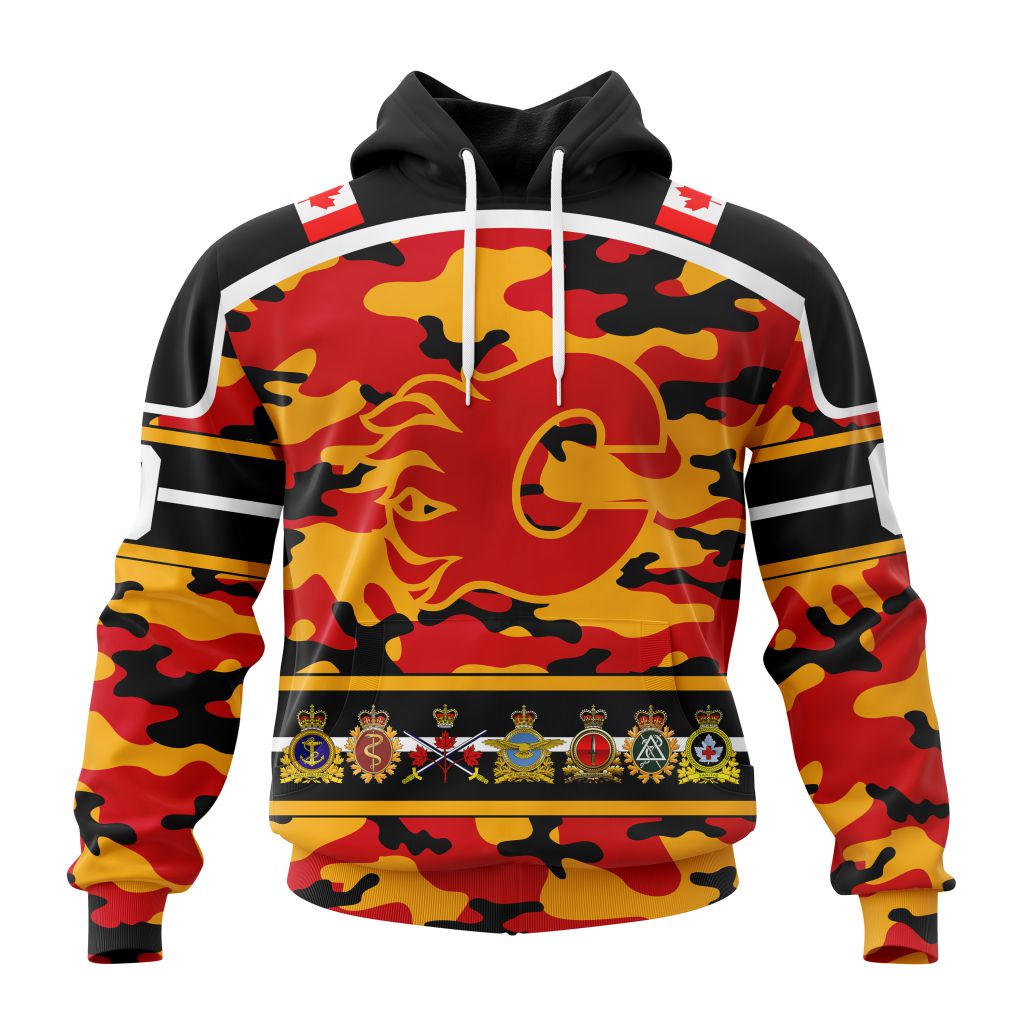 Personalized Nhl Calgary Flames With Camo Team Color And Military Force Logo Pullover Hoodie