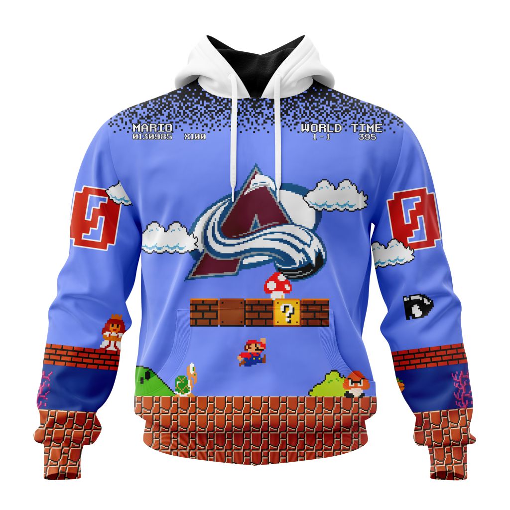 Personalized Nhl Colorado Avalanche With Super Mario Game Design Pullover Hoodie