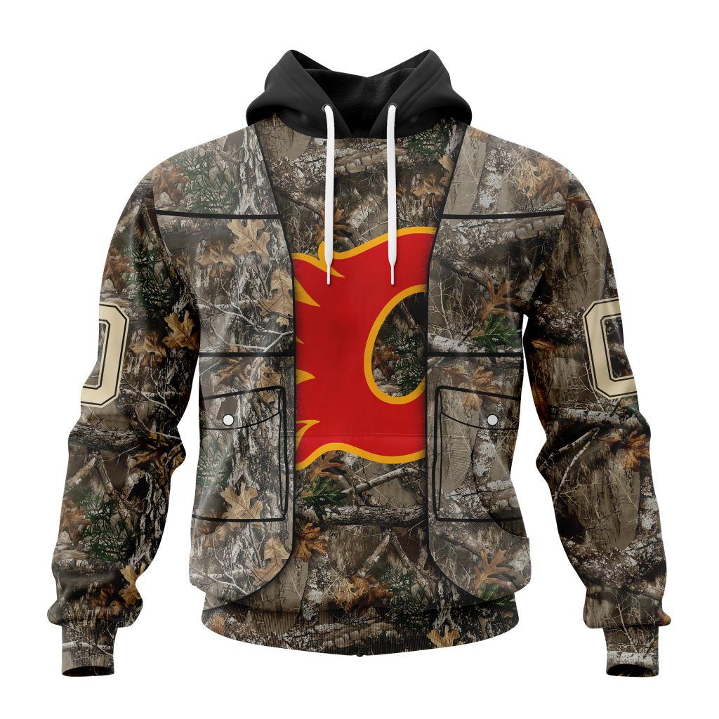 Personalized Nhl Calgary Flames Vest Kits With Realtree Camo Pullover Hoodie