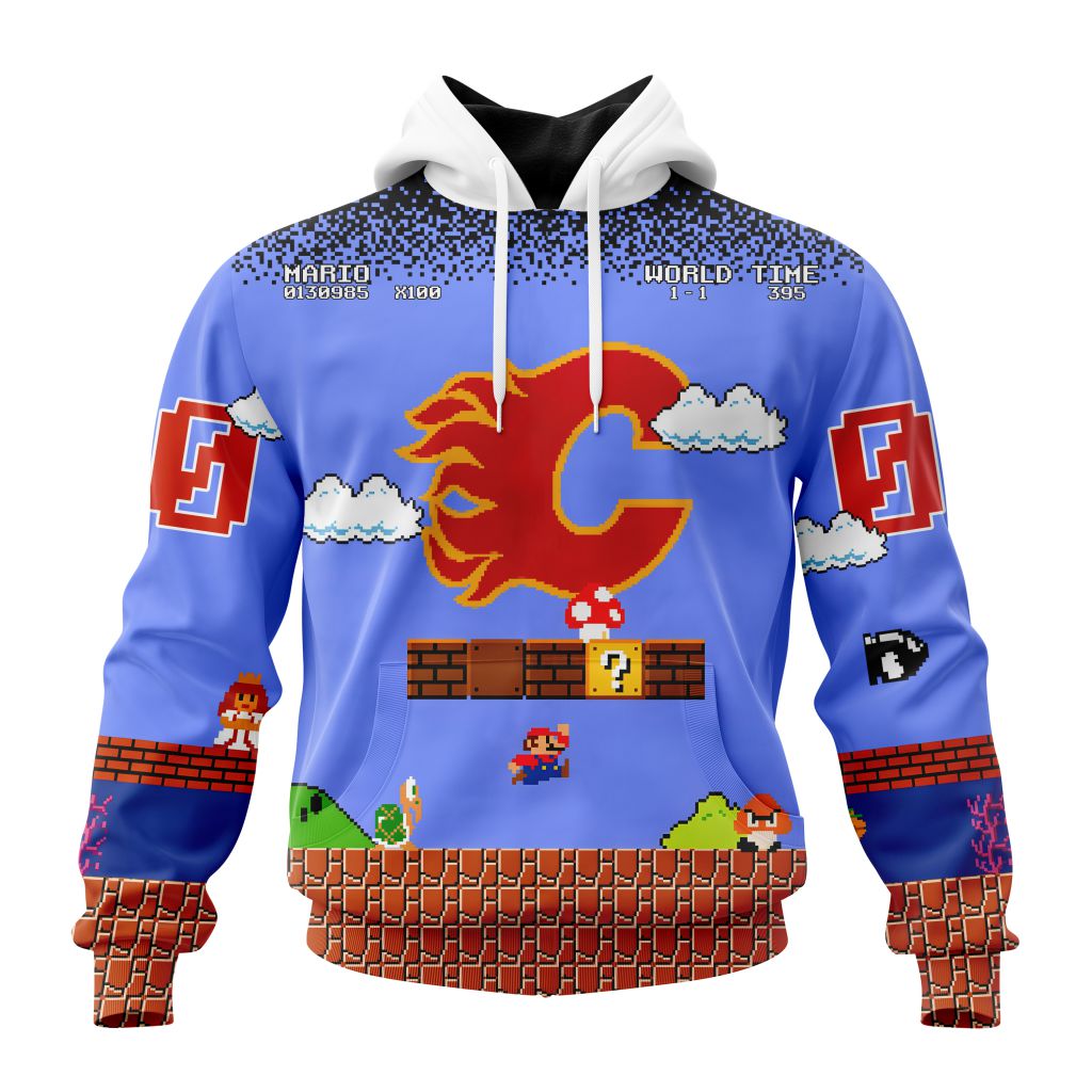 Personalized Nhl Calgary Flames With Super Mario Game Design Pullover Hoodie