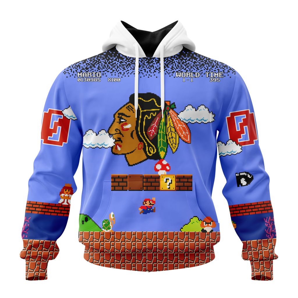 Personalized Nhl Chicago Blackhawks With Super Mario Game Design Pullover Hoodie