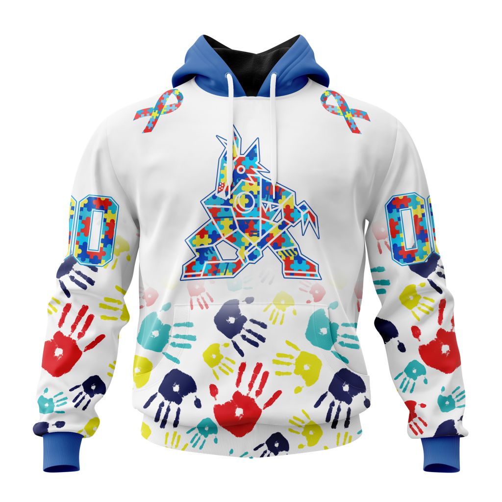Personalized Nhl Arizona Coyotes Autism Awareness Hands Design Pullover Hoodie