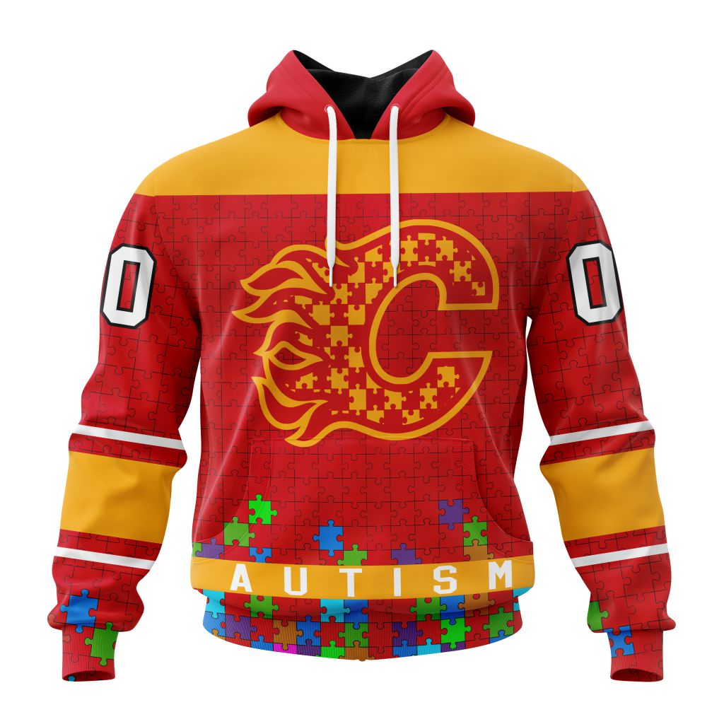 Customized Nhl Calgary Flames Hockey Fights Against Autism Pullover Hoodie