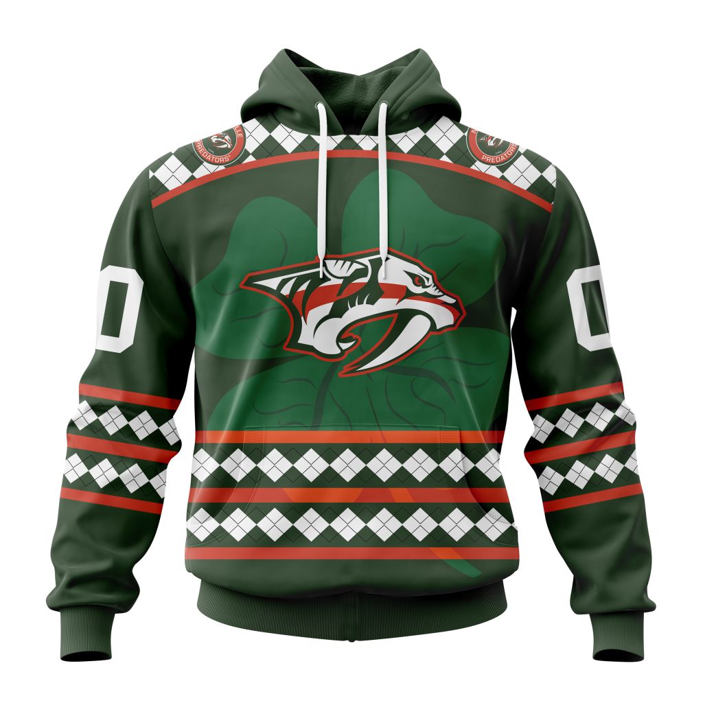 Customized Nashville Predators Green Shamrock Celebrate St Patrick Day Pullover Hoodie