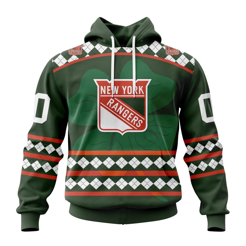 Customized New York Rangers Green Shamrock Celebrate St Patrick Day Pullover Hoodie