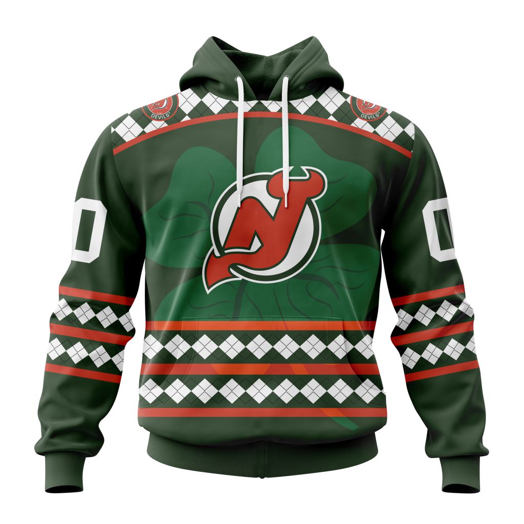 Customized New Jersey Devils Green Shamrock Celebrate St Patrick Day Pullover Hoodie