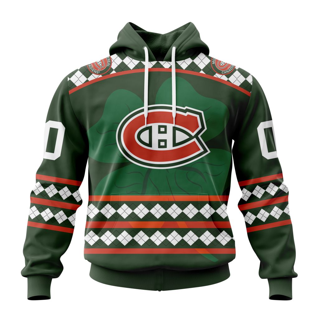 Customized Montreal Canadiens Green Shamrock Celebrate St Patrick Day Pullover Hoodie