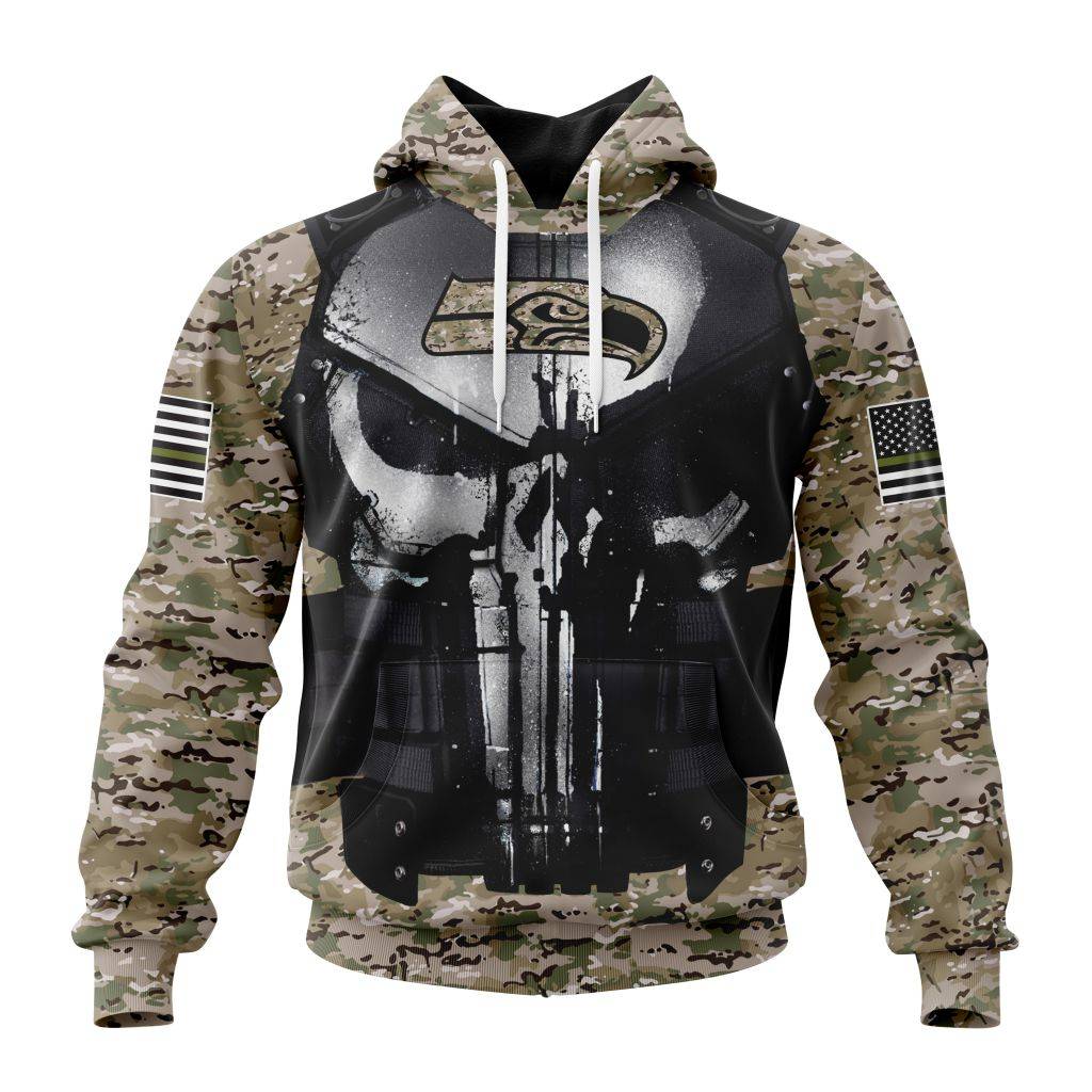 Personalized Nfl Seattle Seahawks Punisher Skull Camo Veteran Kits Hoodie