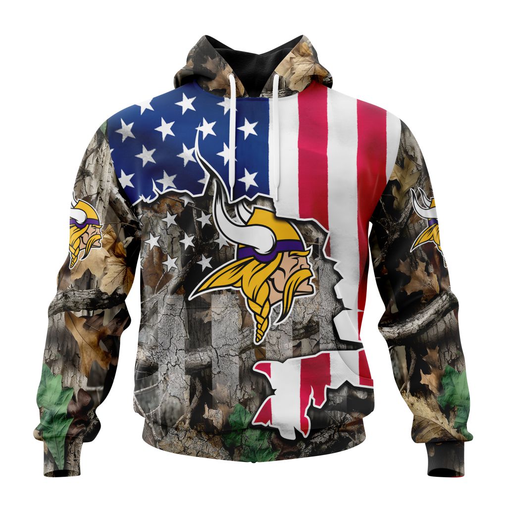 Customized Nfl Minnesota Vikings Usa Flag Camo Realtree Hunting Hoodie