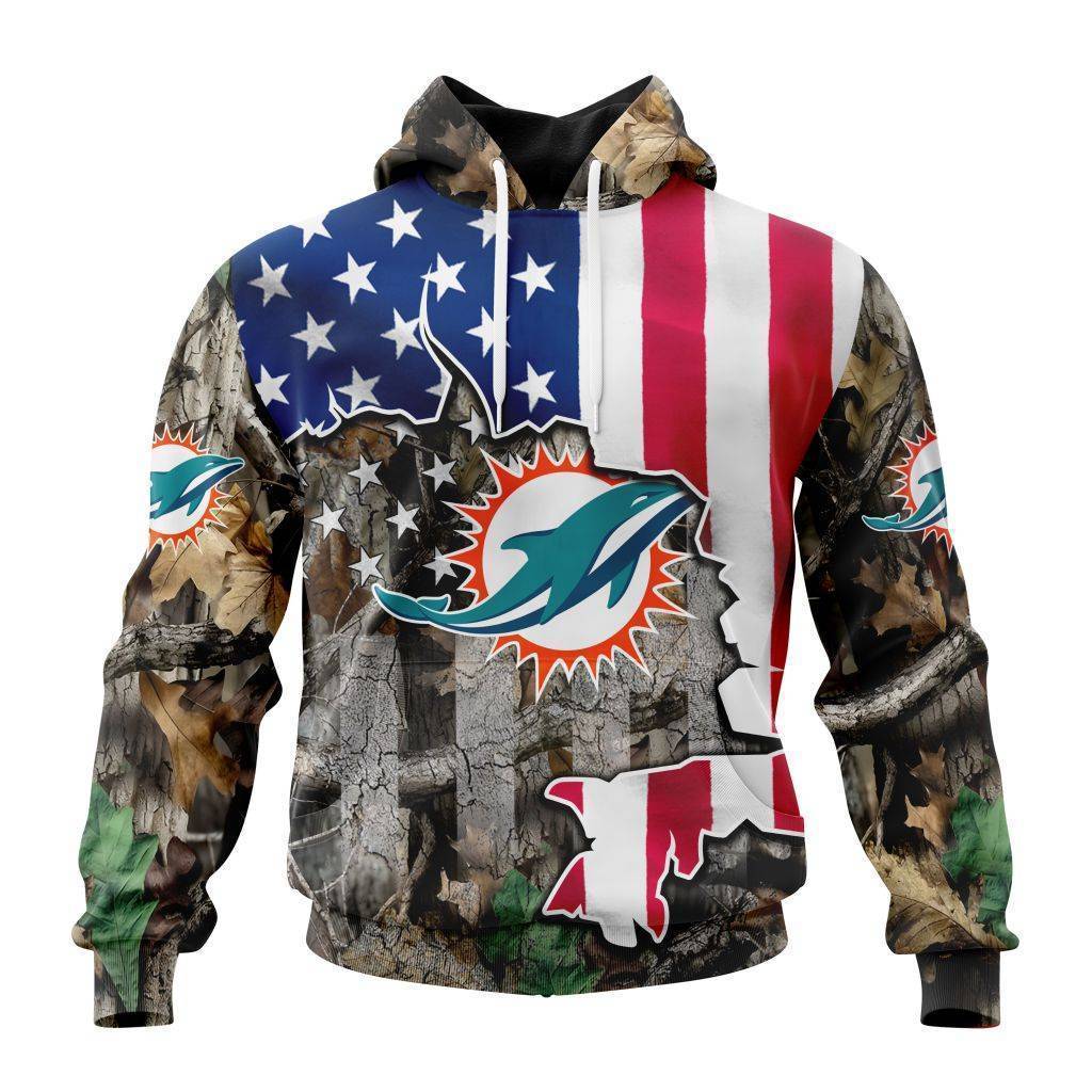 Customized Nfl Miami Dolphins Usa Flag Camo Realtree Hunting Hoodie