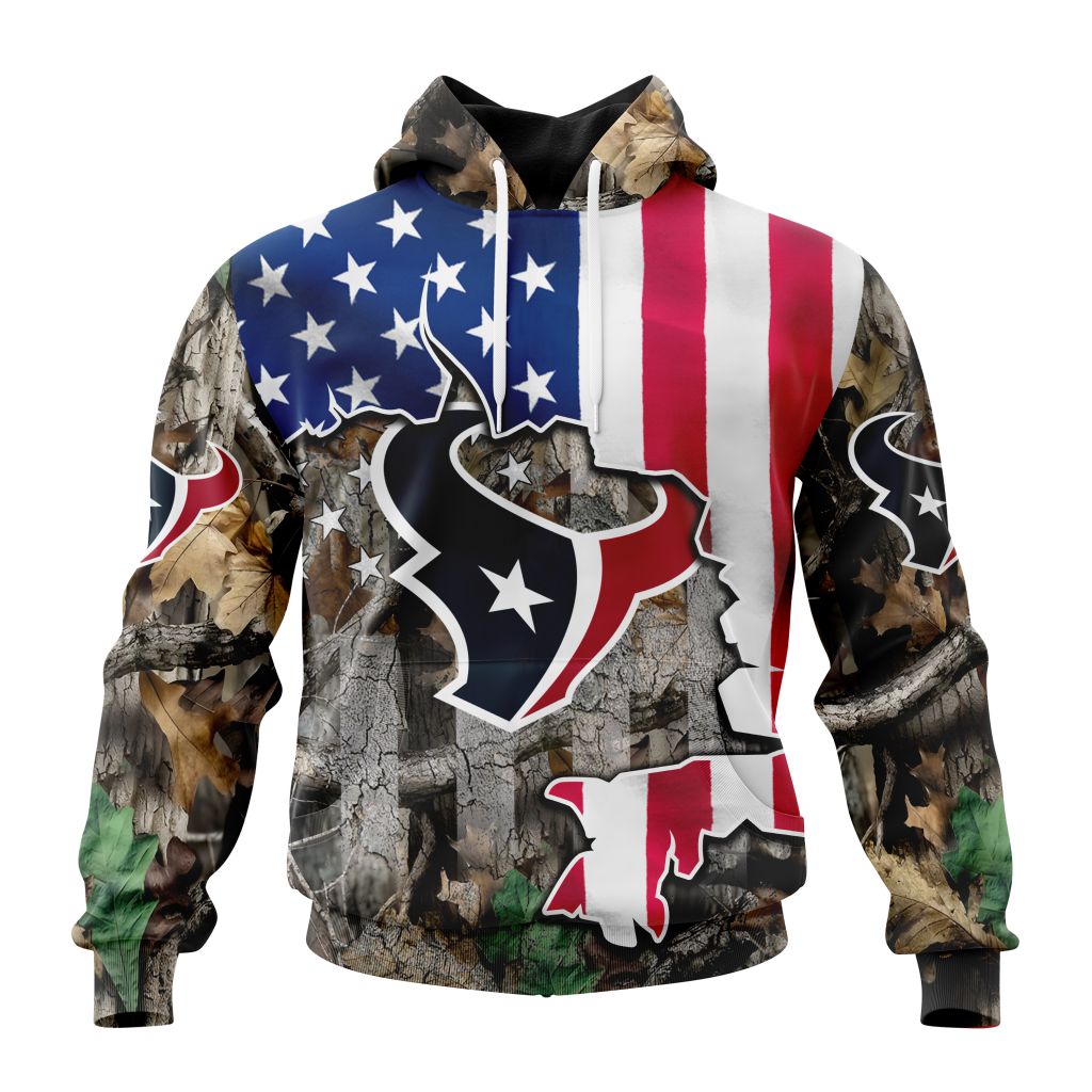 Customized Nfl Houston Texans Usa Flag Camo Realtree Hunting Hoodie