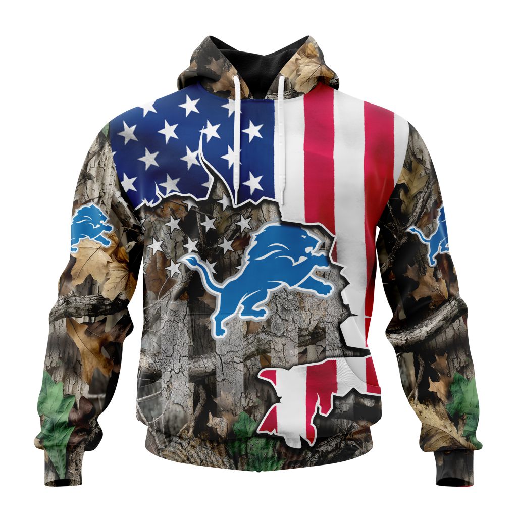 Customized Nfl Detroit Lions Usa Flag Camo Realtree Hunting Hoodie