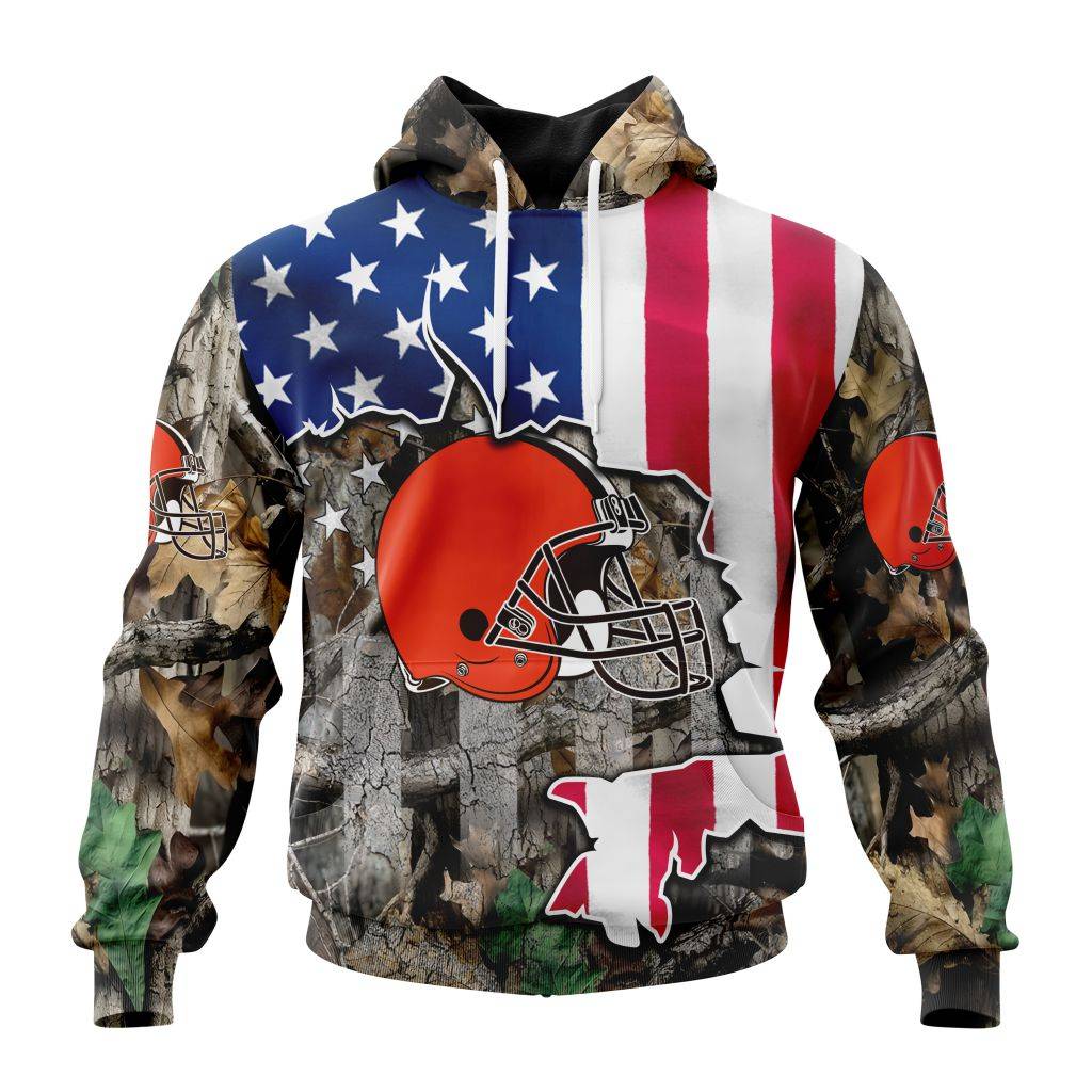 Customized Nfl Cleveland Browns Usa Flag Camo Realtree Hunting Hoodie