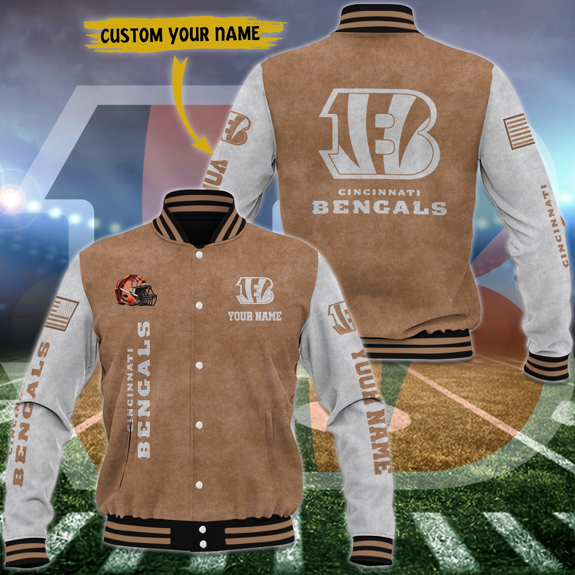 Cincinnati Bengals Brown Baseball Jacket Custom Name