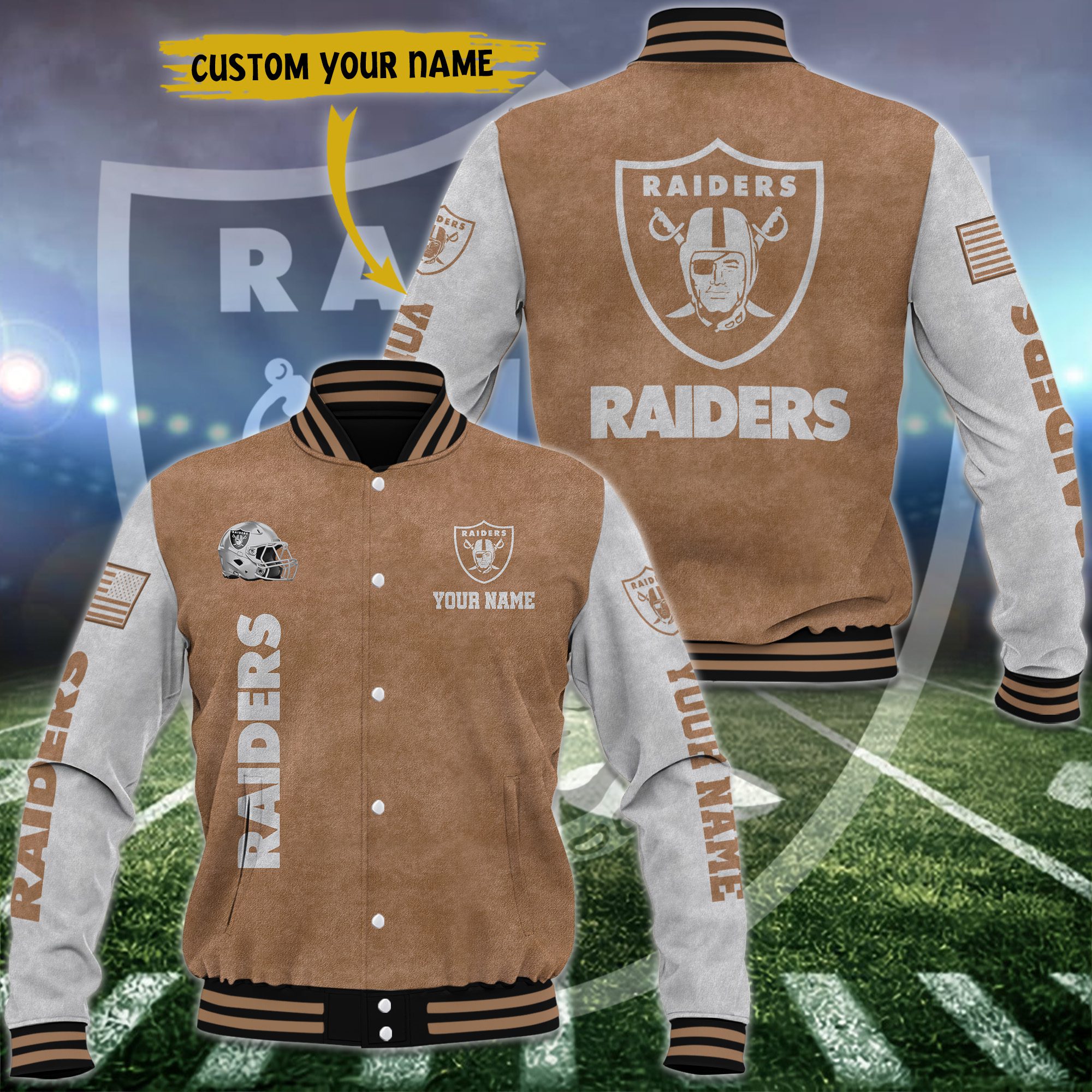 Las Vegas Raiders Brown Baseball Jacket Custom Name