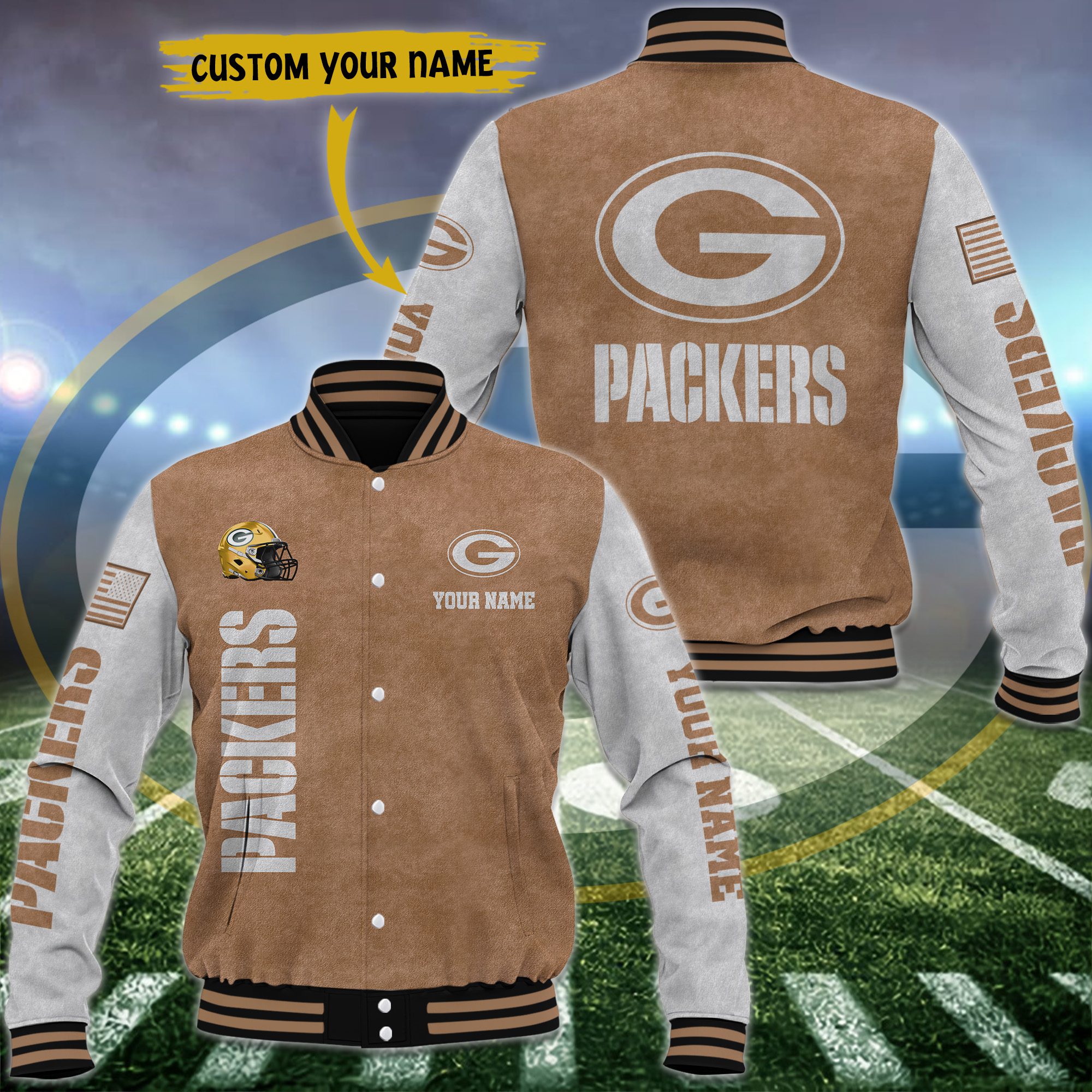 Green Bay Packers Brown Baseball Jacket Custom Name