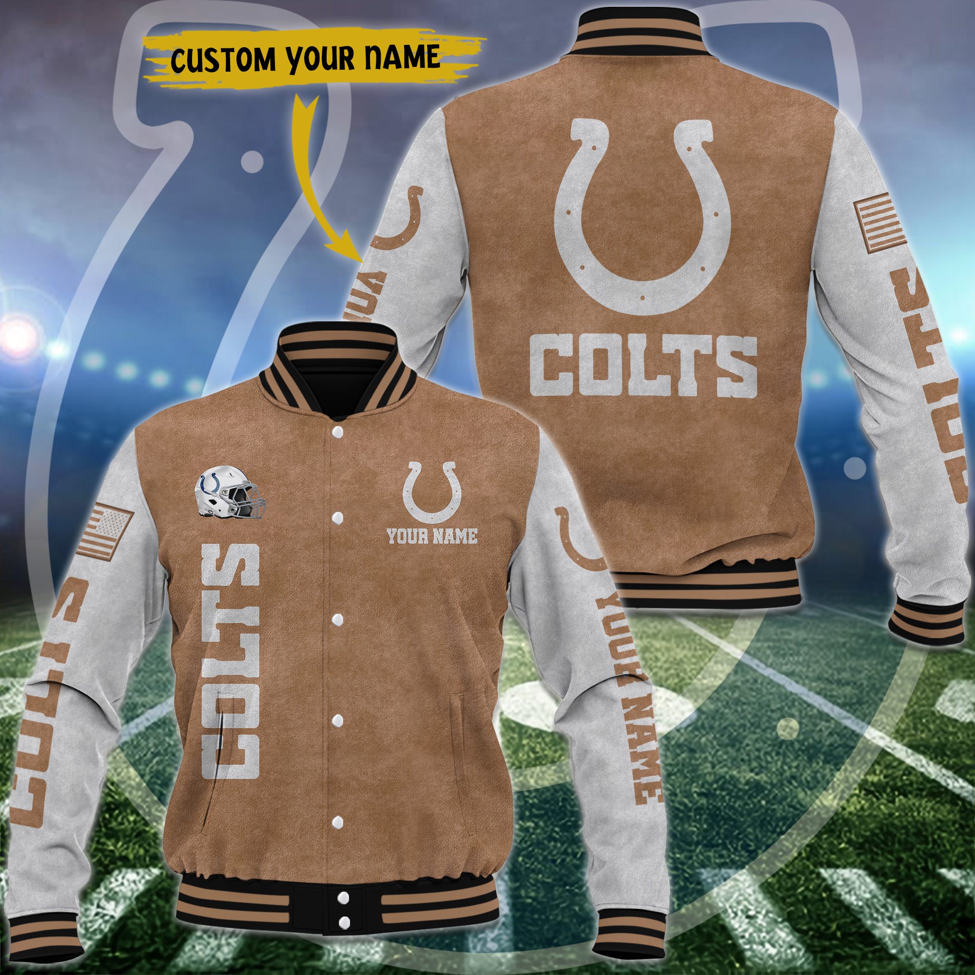 Indianapolis Colts Brown Baseball Jacket Custom Name