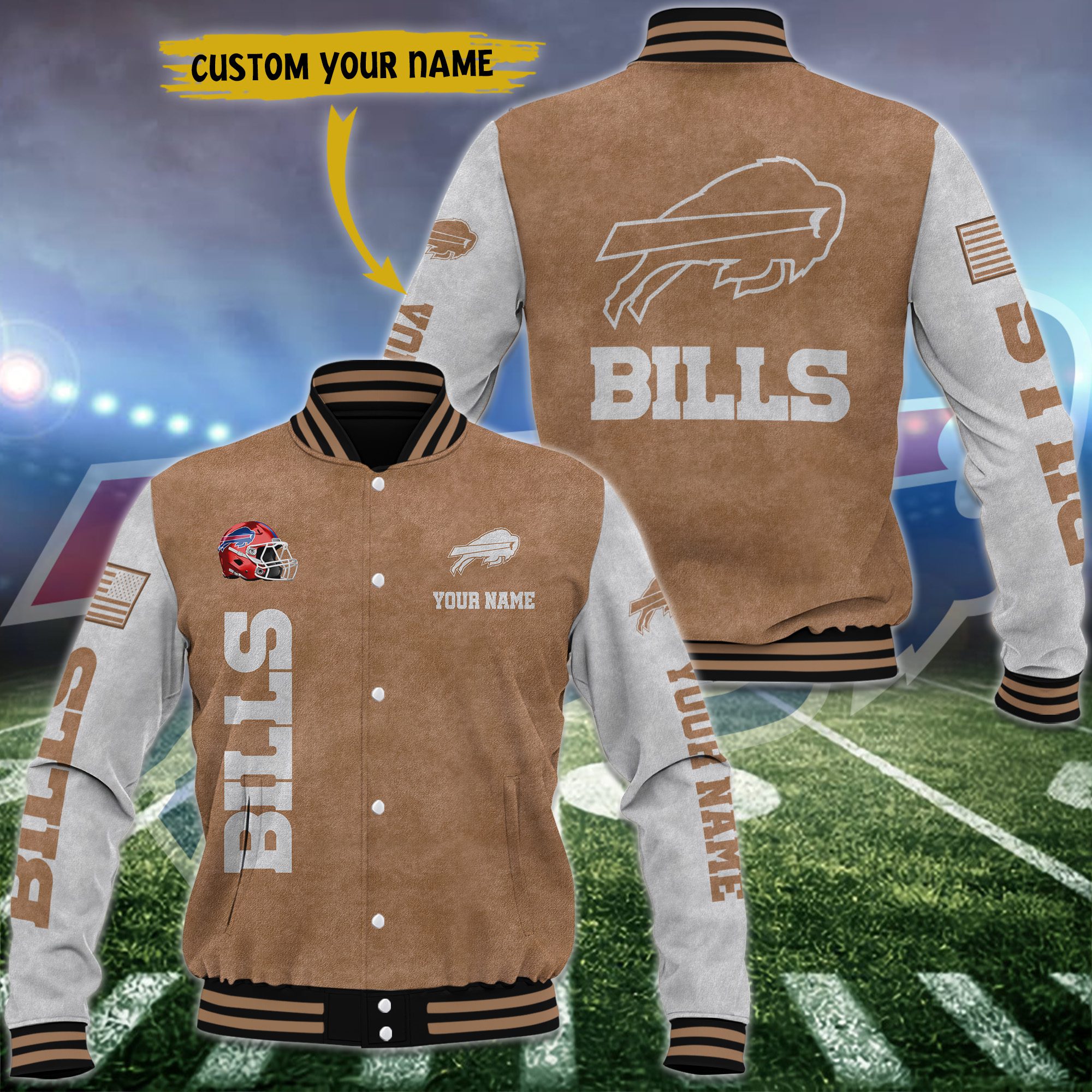 Buffalo Bills Brown Baseball Jacket Custom Name
