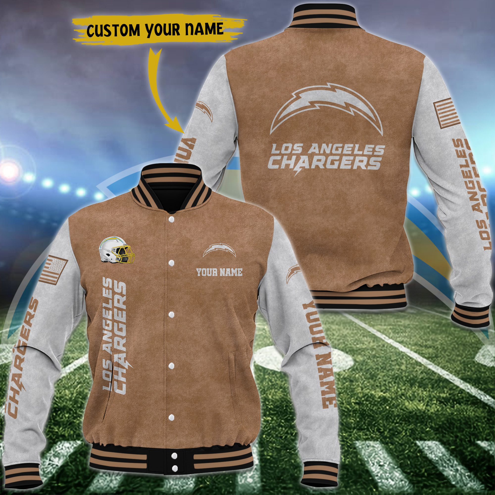 Los Angeles Chargers Brown Baseball Jacket Custom Name