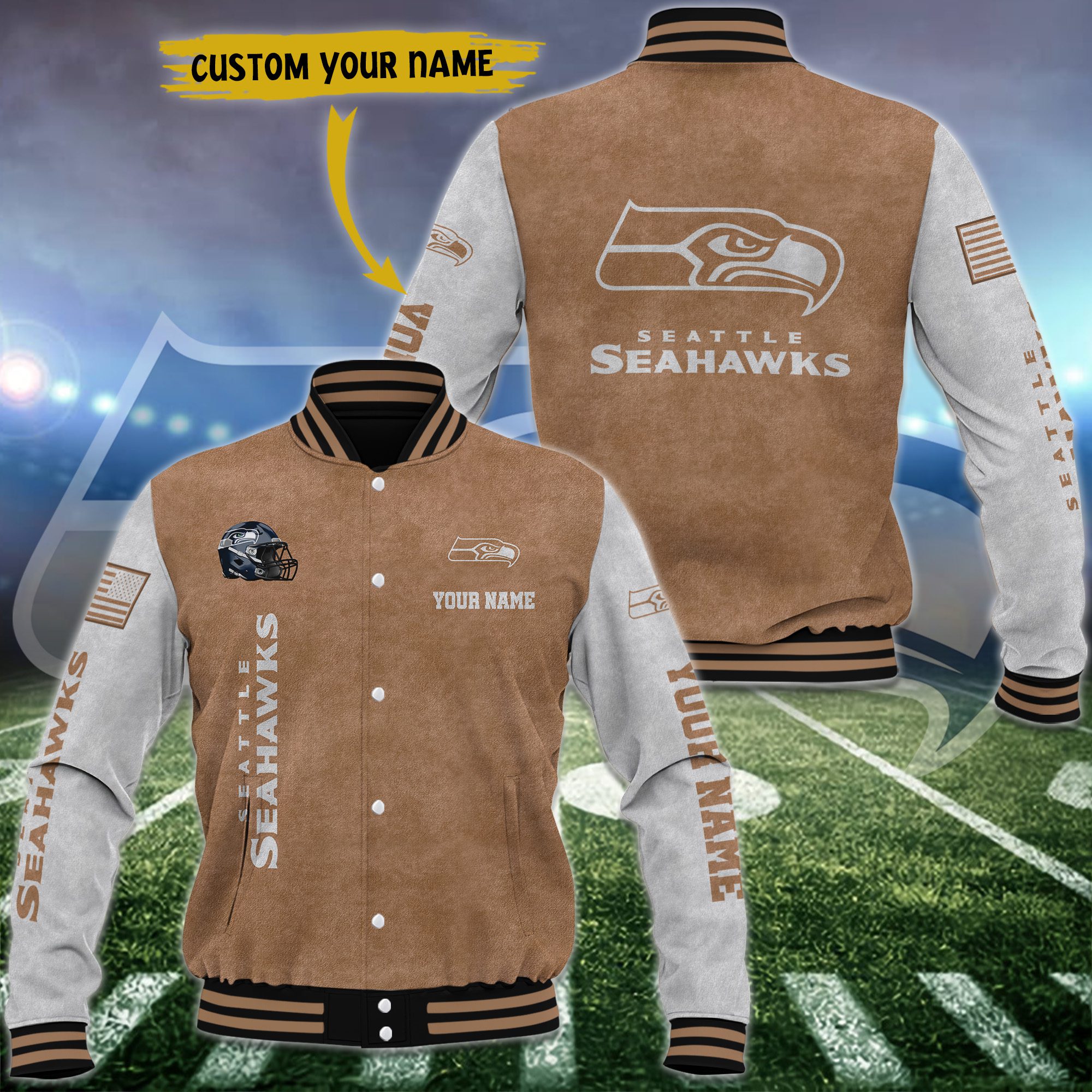 Seattle Seahawks Brown Baseball Jacket Custom Name