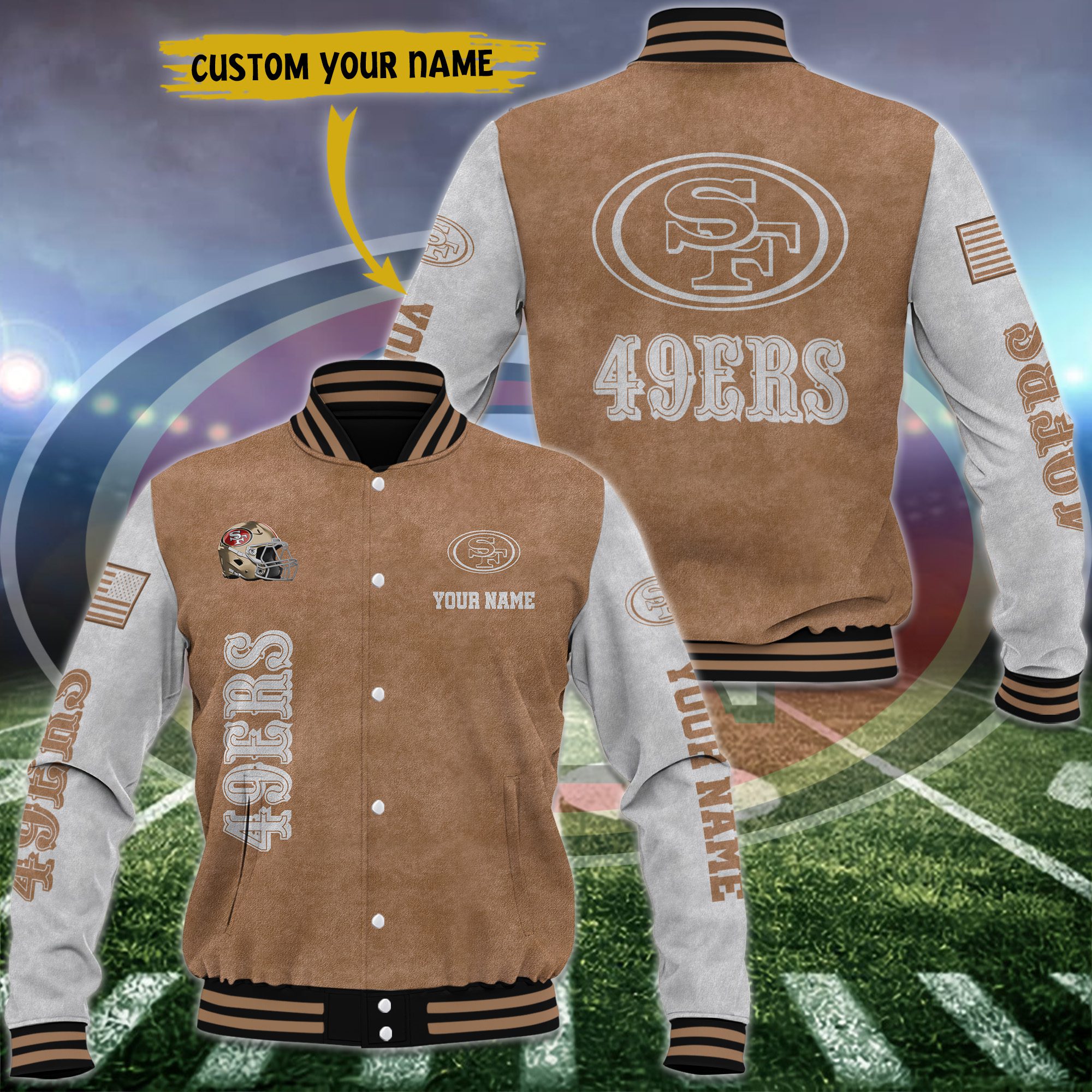 San Francisco 49ers Brown Baseball Jacket Custom Name
