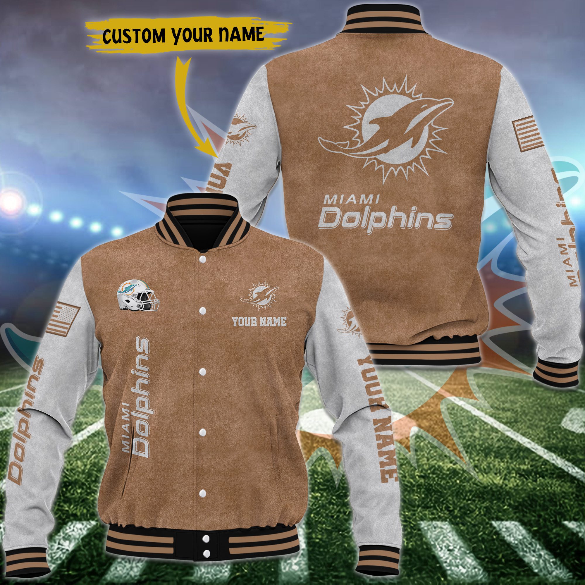 Miami Dolphins Brown Baseball Jacket Custom Name