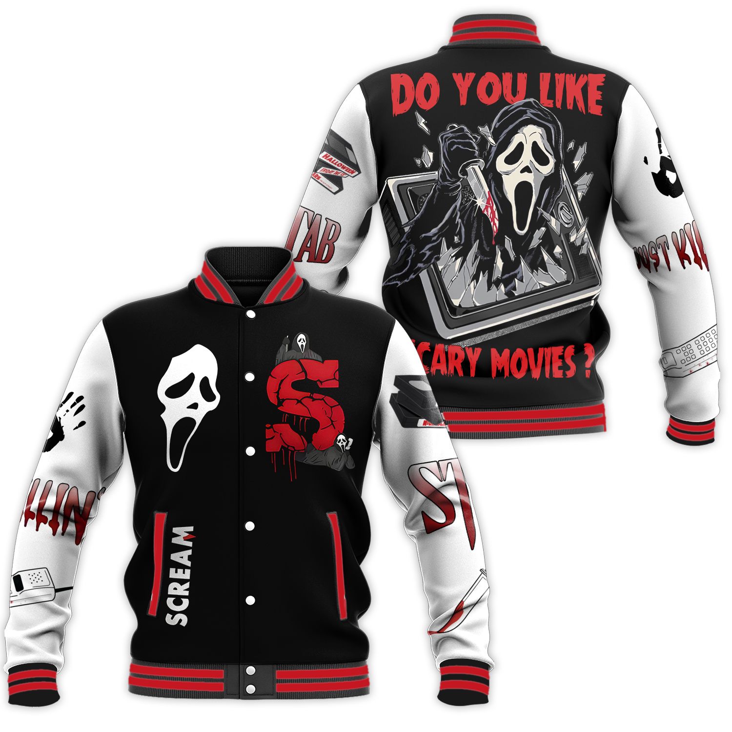 Ghostface Baseball Jacket Collar Varsity Cut For Men Women