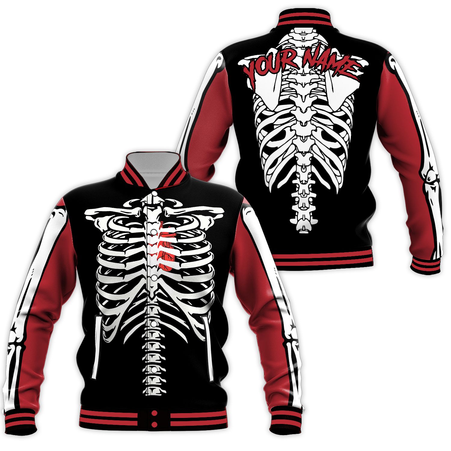 Skeleton Heart Halloween Week Red Baseball Jacket Custom Name Jacket Pumpkins Jacket Baseball Team Outfit Team Uniform