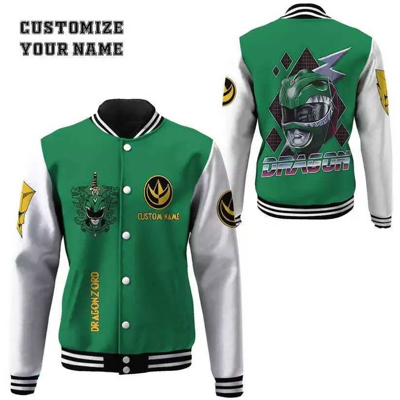 3D Mighty Morphin Power Ranger Green Custom Name Baseball Jacket