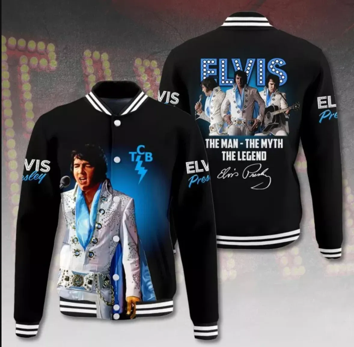 Elvis Presley Varsity Baseball Jacket Script Front Artwork