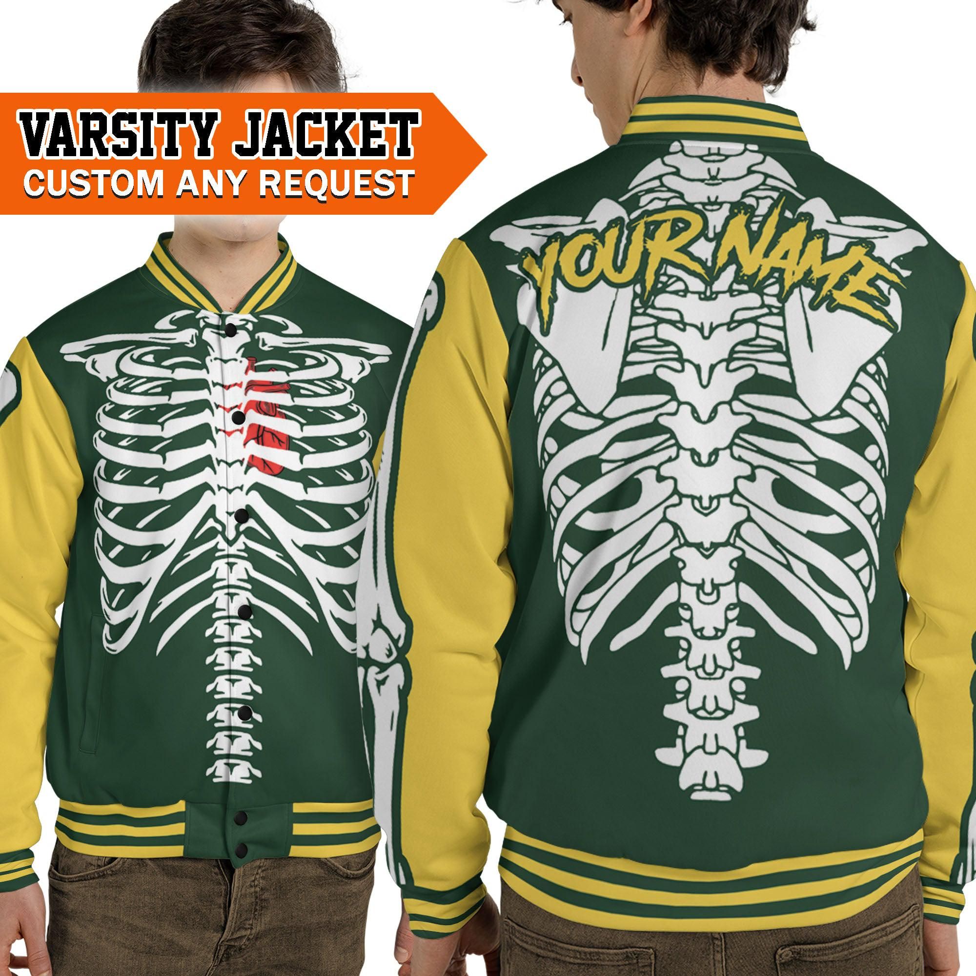 Skeleton Heart Halloween Green And Yellow Varsity Custom Name Jacket Skeleton Jacket Baseball Team