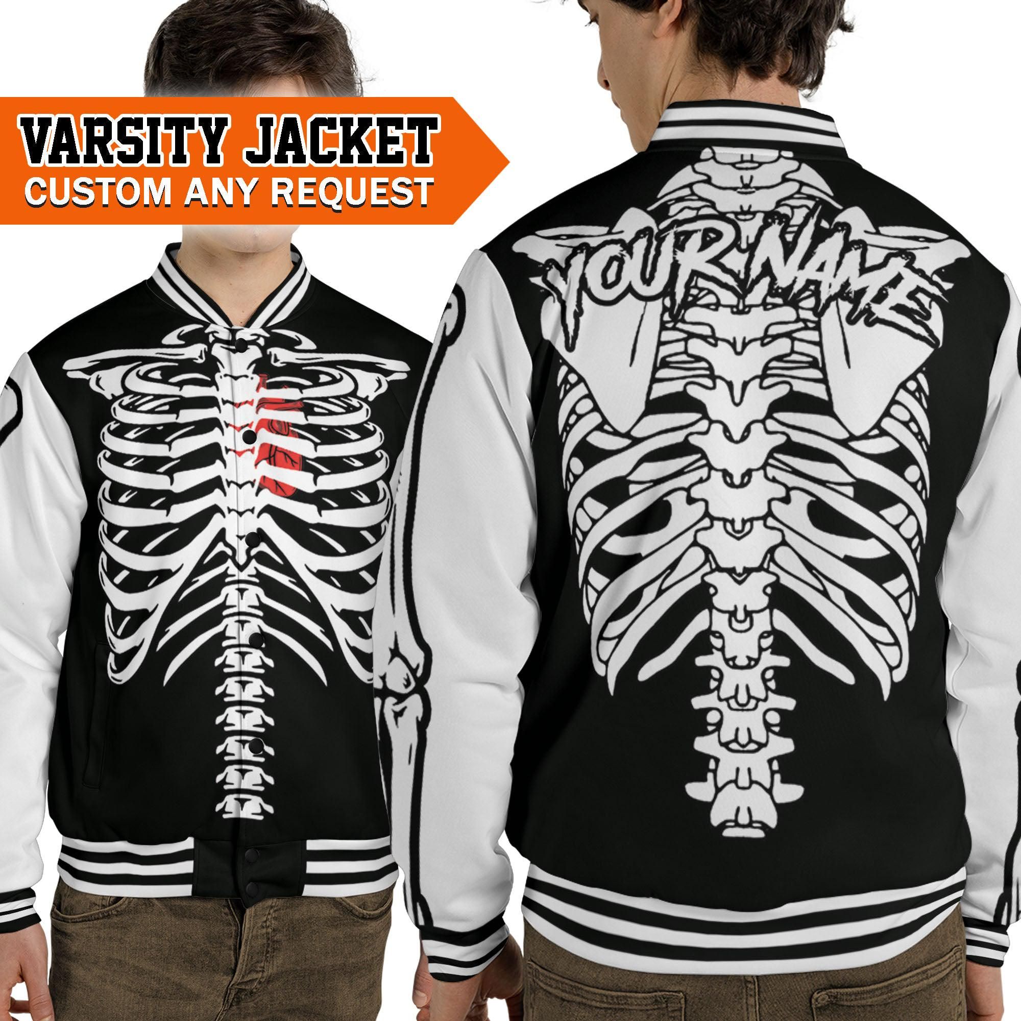 Skeleton Heart Halloween Black And White Baseball Jacket Custom Name Jacket Skeleton Jacket Baseball Team Uniform