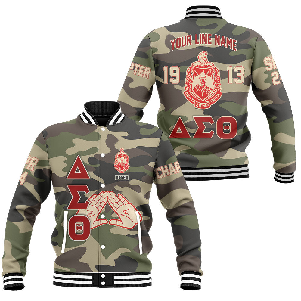 Customized Delta Sigma Theta Baseball Jackets Camouflage Handsign And Founded Year Style
