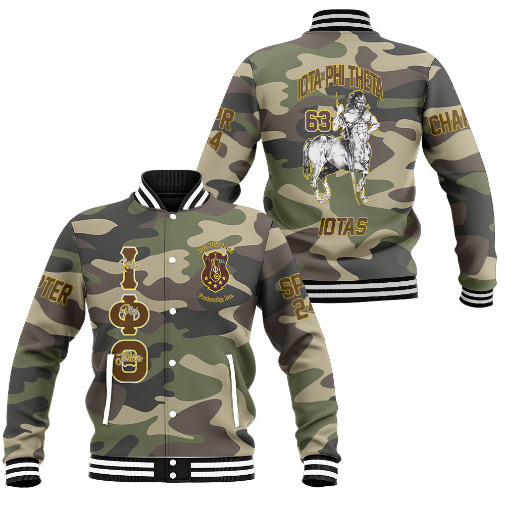 Customized Iota Phi Theta Baseball Jackets Camouflage The Iota Centaur Warrior For Men & Women