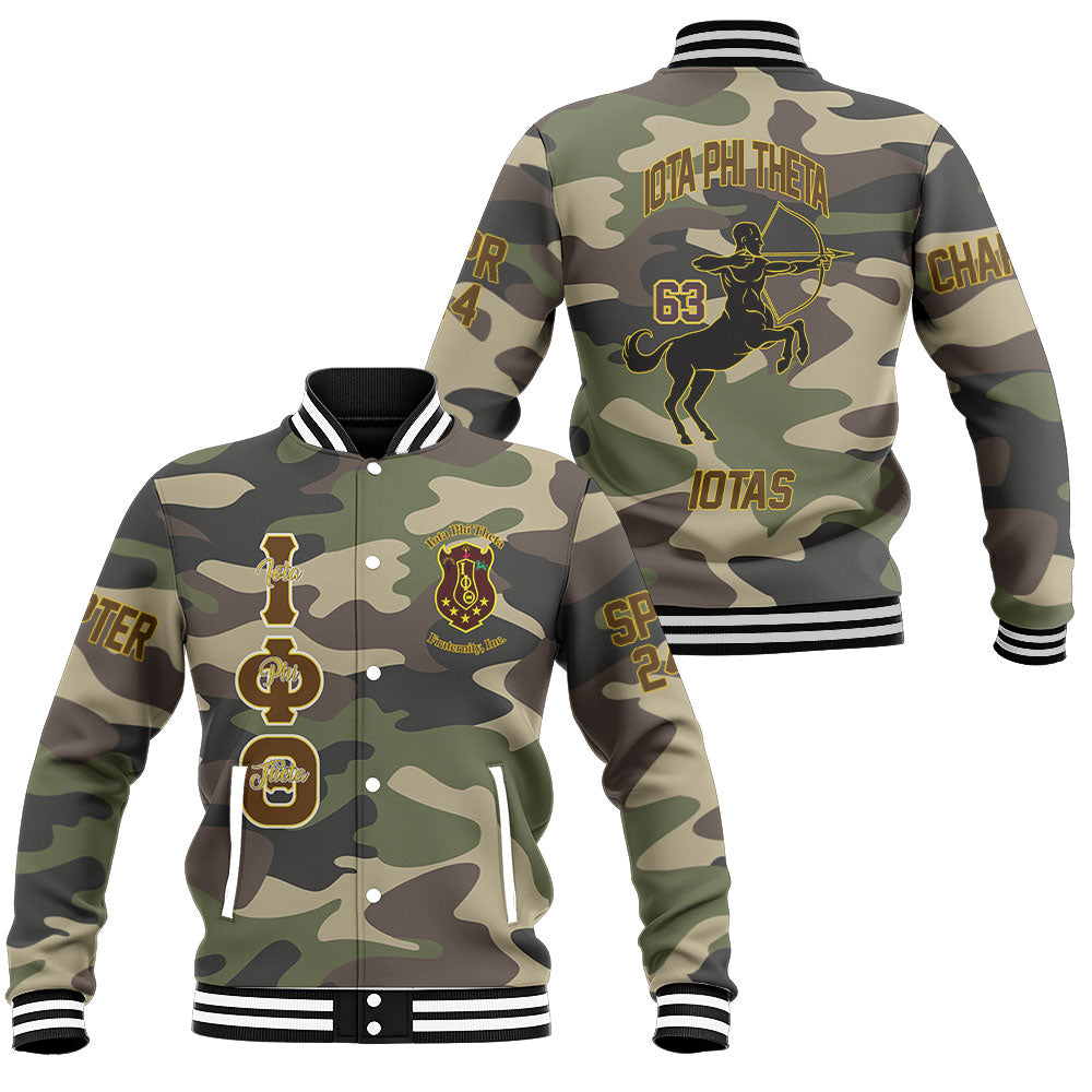 Customized Iota Phi Theta Baseball Jackets Camouflage The Iota Centaur Silhouette Style