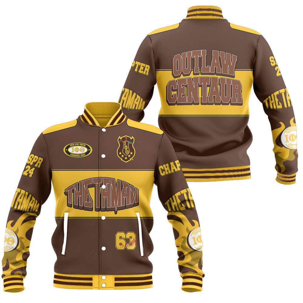 Customized Iota Phi Theta Baseball Jacket Brown Flame Style