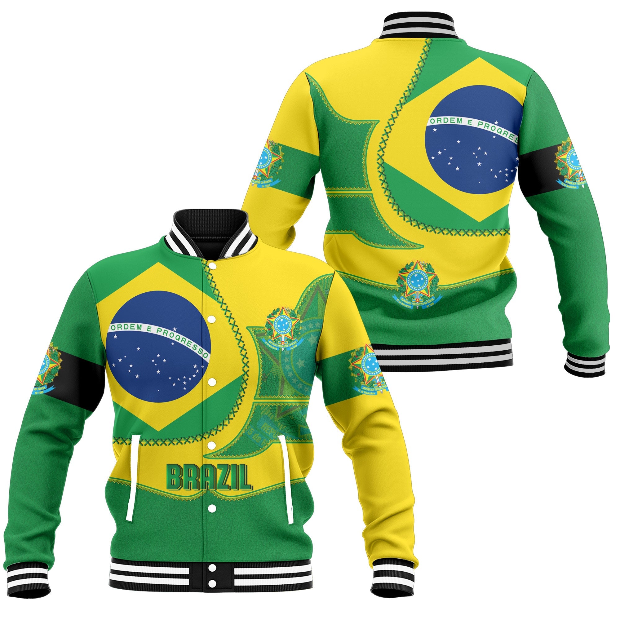Brazil Baseball Jacket Flag & Coat Of Arms Leather Style