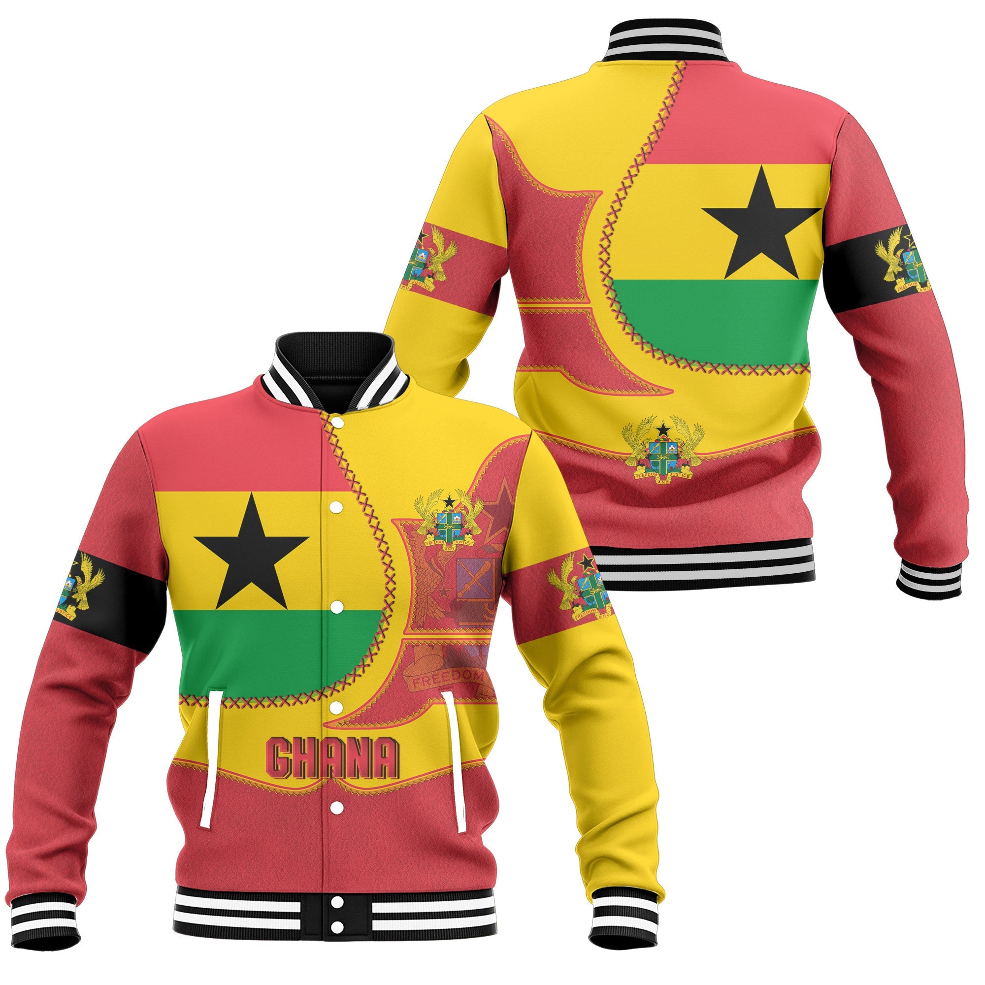 Ghana Baseball Jacket Flag & Coat Of Arms Leather Style