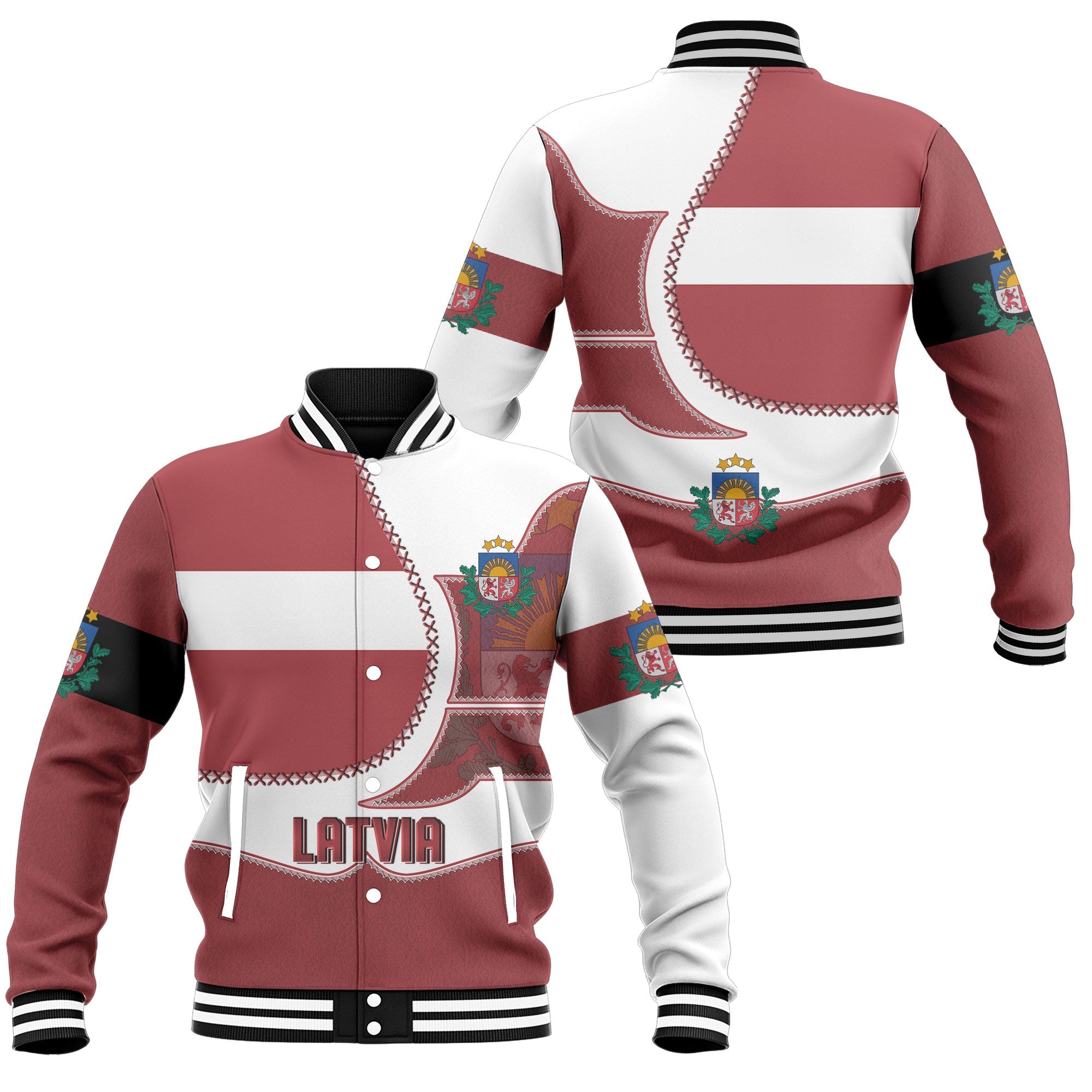 Latvia Baseball Jacket Flag & Coat Of Arms Leather Style