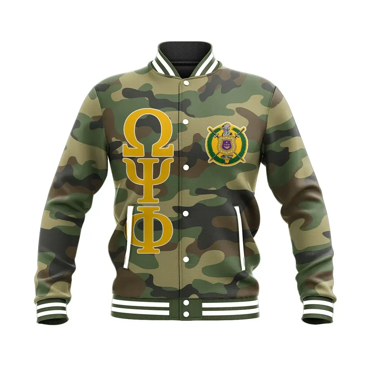Military Thunder Bulldog Omega Psi Phi Baseball Button Jacket