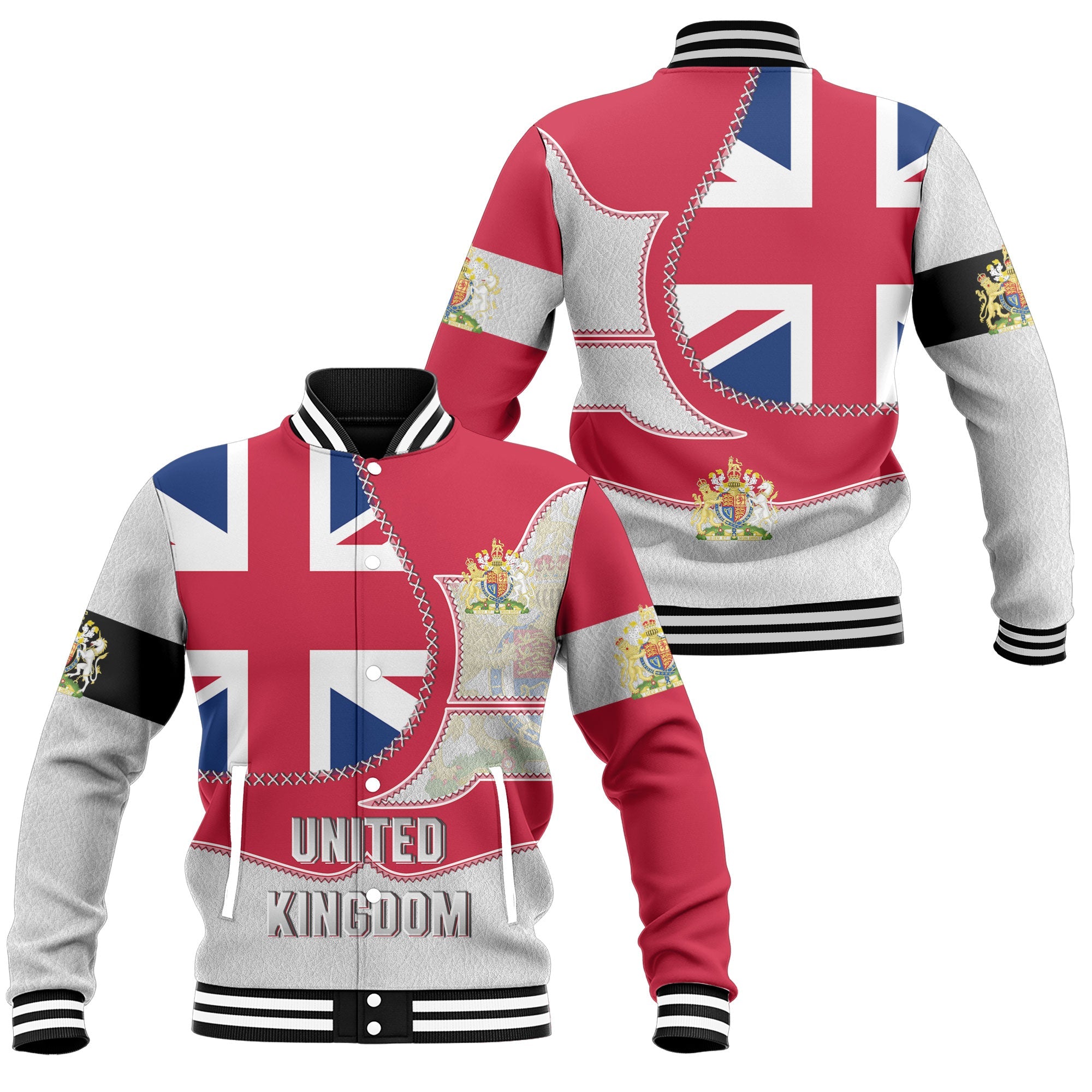 United Kingdom Baseball Jacket Flag & Coat Of Arms Leather Style