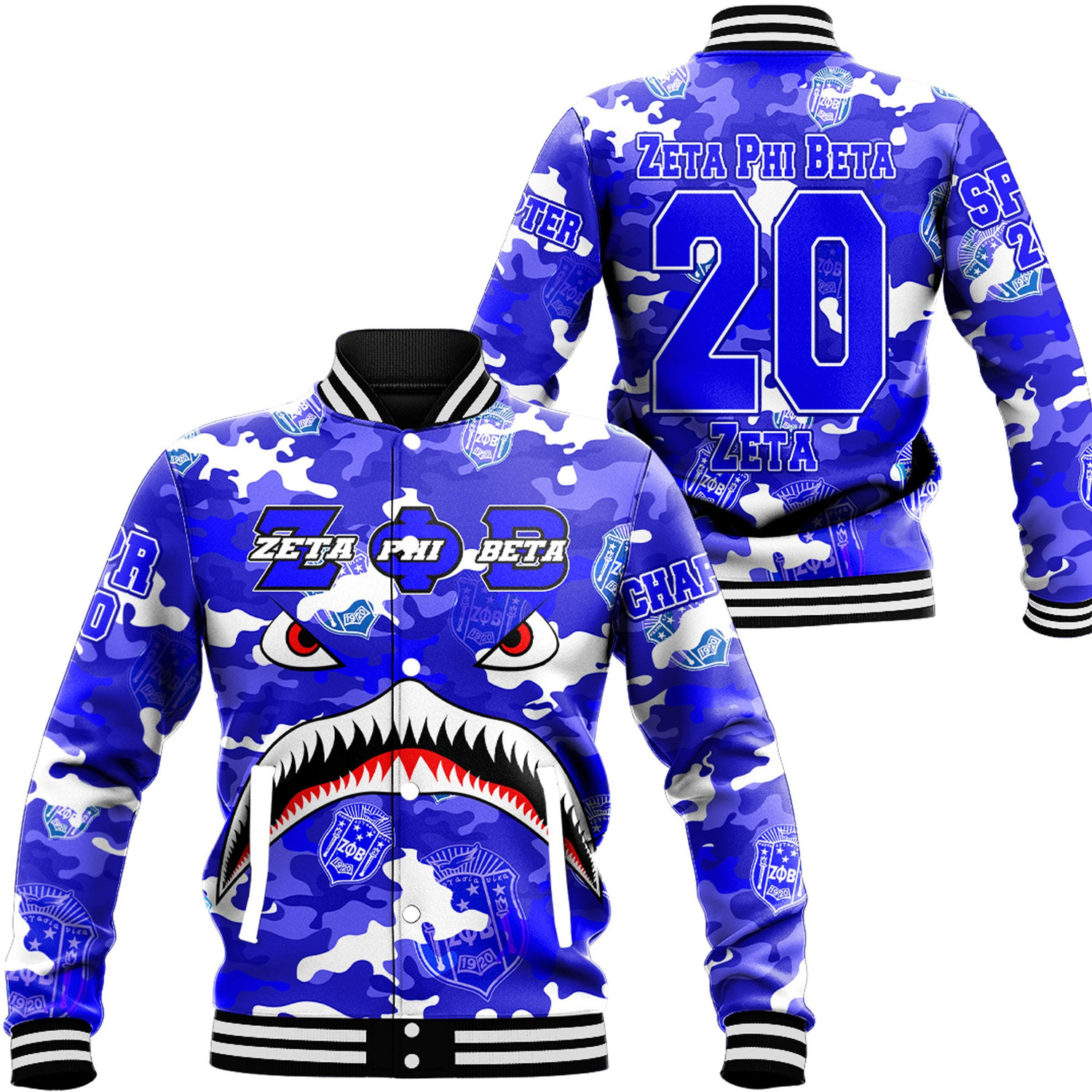 Zeta Phi Beta Full Camo Shark Baseball Jackets Button For Men Women