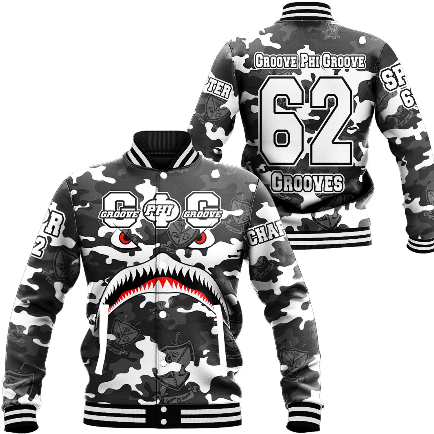 Groove Phi Groove Full Camo Shark Baseball Jackets Button For Men Women