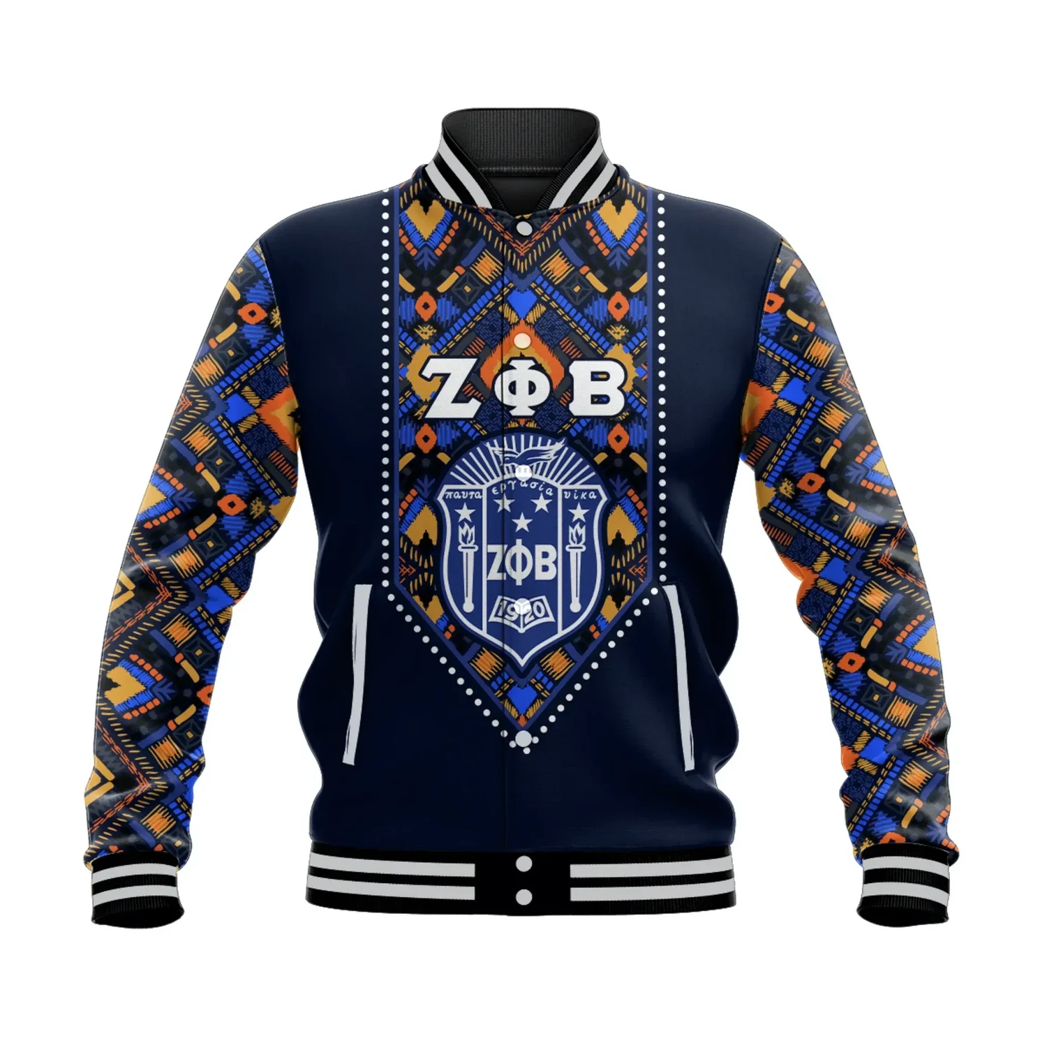 Zeta Phi Beta African Pattern Navy Baseball Jacket