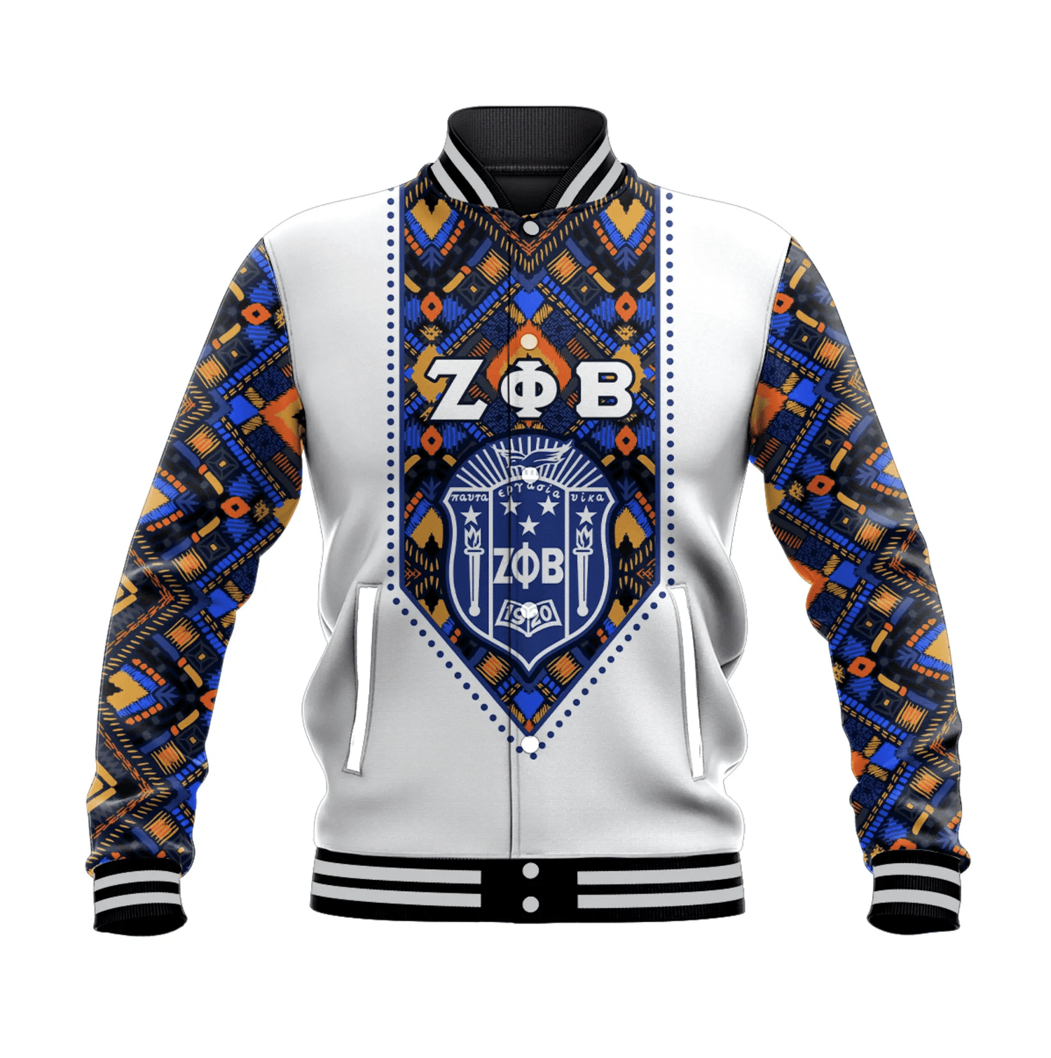 Greek Life Baseball Jacket Zeta Phi Beta African Pattern White