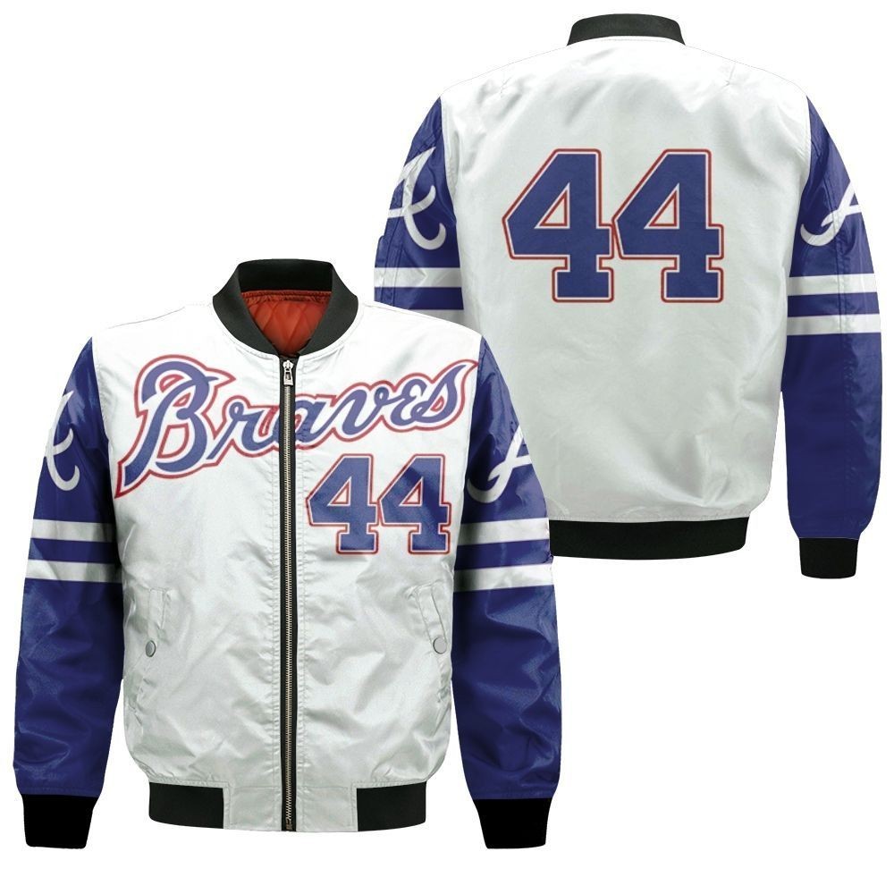 Atlanta Braves Hank Aaron 44 2020 MLB White And Blue Bomber Jacket