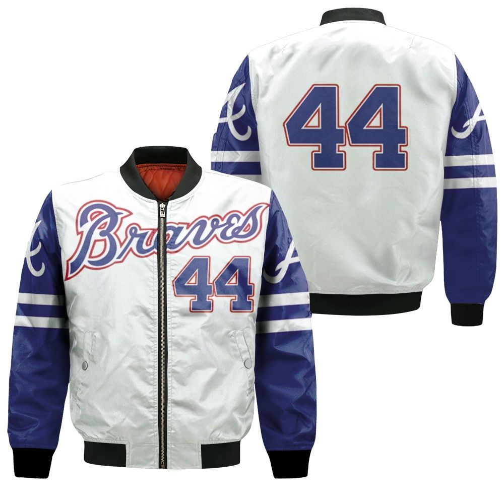 Atlanta Braves Hank Aaron 44 2020 MLB White And Blue Inspired Bomber Jacket