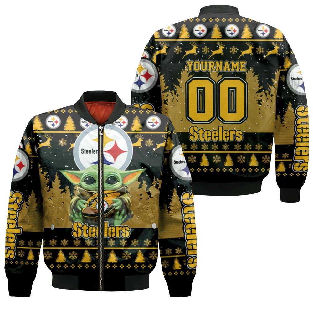 Baby Yoda Hugs Pittsburgh Steelers Ugly Sweater 3D Personalized Bomber Jacket